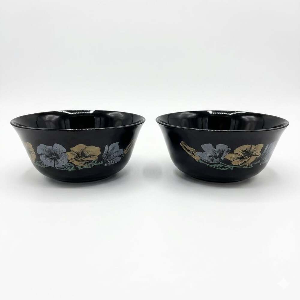 Arcoroc France Black Glass Julie Floral Dessert Bowls 5 Inch Set of 2